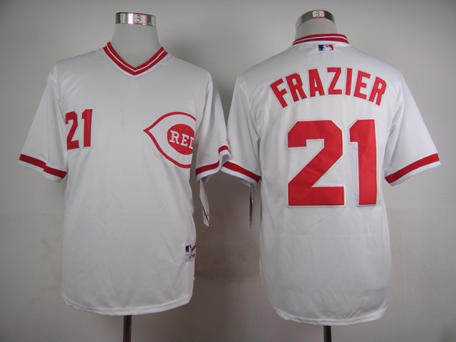 Men MLB Cincinnati Reds 21 Frazier white throwback 1990 turn back jerseys